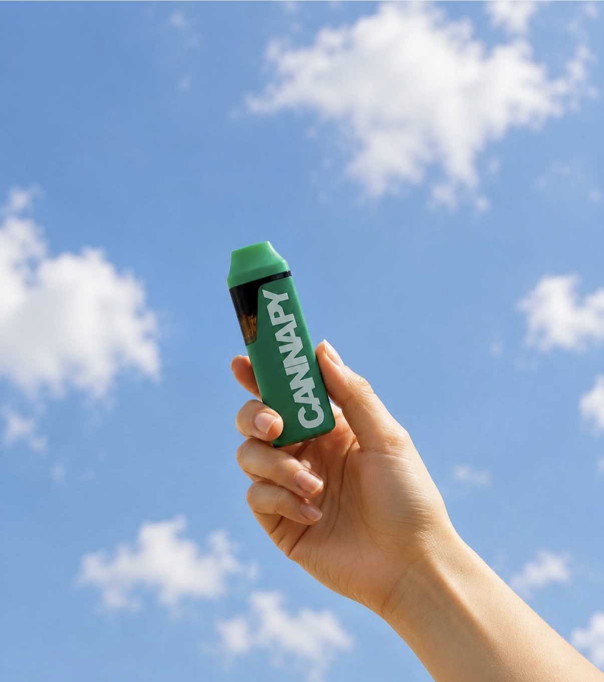 Hand holding a green Cannapy vape against a blue Montana sky